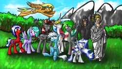 Size: 1920x1080 | Tagged: safe, artist:crestfallencelestia, derpibooru import, flitter, princess celestia, oc, oc:anima, oc:emperor botz, oc:fireruby, oc:onyx firedraft, oc:spirit glider, oc:vac, oc:wester, alicorn, cat, human, pony, alicorn oc