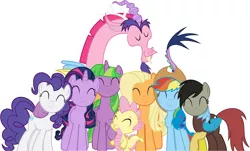 Size: 7888x4752 | Tagged: artist needed, safe, derpibooru import, applejack, discord, fluttershy, pinkie pie, rainbow dash, rarity, spike, twilight sparkle, twilight sparkle (alicorn), alicorn, pony, absurd resolution, eyes closed, female, group hug, mane seven, mane six, mare, palette swap, smiling