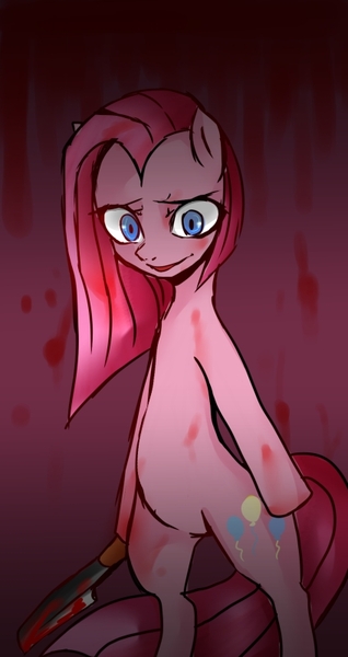 Size: 424x800 | Tagged: grimdark, artist:hosikawa, derpibooru import, pinkie pie, pony, bipedal, blood, knife, pinkamena diane pie, pixiv, solo