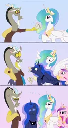 Size: 749x1400 | Tagged: safe, artist:celestiathegreatest, derpibooru import, discord, princess cadance, princess celestia, princess luna, ..., :i, annoyed, anti-shipping, bouquet, crossed arms, cute, discute, dislestia, eating, eyes closed, female, flower, frown, glare, gritted teeth, happy, herbivore, horses doing horse things, hungry, jewelry, lunabetes, male, nom, open mouth, puffy cheeks, regalia, scene parody, shipping, smiling, spread wings, straight, surprised, wide eyes