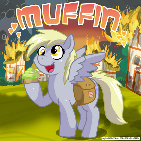 Size: 860x860 | Tagged: safe, artist:lonbluewolf, derpibooru import, derpy hooves, pegasus, pony, artifact, bag, building, burning, cupcake, destruction, female, fire, happy, heart, hoof hold, mailbag, mare, muffin, open mouth, ponyville, smiling, solo