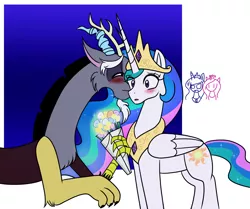 Size: 2262x1892 | Tagged: safe, artist:garfield141992, derpibooru import, discord, princess cadance, princess celestia, princess luna, :o, angry, blushing, bouquet, cute, discute, dislestia, female, flower, kiss on the cheek, kissing, male, observer, open mouth, shipping, smiling, straight, surprise kiss, surprised, wide eyes
