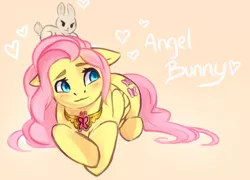 Size: 1024x737 | Tagged: angel bunny, artist:naminzo, blushing, derpibooru import, element of kindness, elements of harmony, fluttershy, lying, necklace, safe, simple background