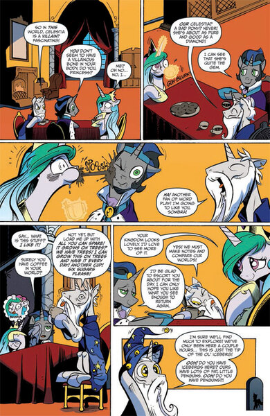 Size: 630x969 | Tagged: coffee, derp, derpibooru import, doofus, good king sombra, idw, idw advertisement, king sombra, preview, princess celestia, princess dorklestia, safe, spit take, spoiler:comic, spoiler:comic19, star swirl the bearded