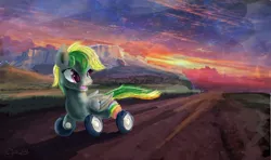Size: 5361x3165 | Tagged: artist:owlvortex, derpibooru import, oc, oc:wheely bopper, original species, safe, scenery, solo, sunset, unofficial characters only, wheelpone