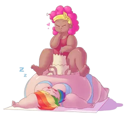 Size: 1241x1163 | Tagged: artist:secretgoombaman12345, bikini, breasts, clothes, derpibooru import, fat, human, humanized, morbidly obese, obese, pinkie pie, pudgy pie, rainblob dash, rainbow dash, sand castle, sitting on person, sleeping, suggestive, swimsuit, zzz