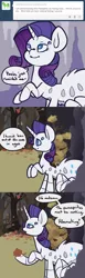 Size: 584x1885 | Tagged: artist:otterlore, ask, autumn, cave, comic, derpibooru import, drider, forest, four eyes, hibernation, leaf, leaves, monster pony, original species, outdoors, parasprite, rarity, safe, solo, species swap, speech bubble, spider, spiderpony, spiderponyrarity, tumblr