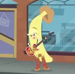 Size: 304x300 | Tagged: safe, derpibooru import, screencap, applejack, a case for the bass, equestria girls, rainbow rocks, banana suit, bananajack, bass guitar, musical instrument, solo