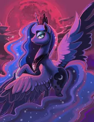 Size: 2550x3300 | Tagged: dead source, safe, artist:matrosha123, derpibooru import, princess luna, alicorn, pony, cloud, crown, full moon, high res, jewelry, limited palette, moon, raised hoof, regalia, solo, spread wings, two toned wings, wings