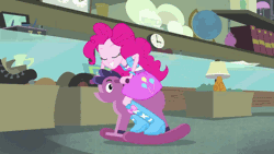 Size: 960x540 | Tagged: safe, derpibooru import, screencap, pinkie pie, a case for the bass, equestria girls, rainbow rocks, animated, balloon, boots, bracelet, clothes, cute, grin, high heel boots, humans riding ponies, jewelry, ponies riding ponies, riding, rocking horse, skirt, smiling, solo, wide eyes