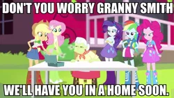 Size: 960x540 | Tagged: safe, derpibooru import, edit, edited screencap, screencap, applejack, fluttershy, granny smith, pinkie pie, rainbow dash, rarity, a case for the bass, equestria girls, rainbow rocks, image macro, meme