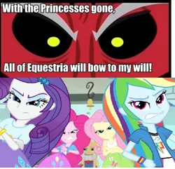 Size: 510x492 | Tagged: safe, derpibooru import, screencap, applejack, fluttershy, lord tirek, pinkie pie, rainbow dash, rarity, a case for the bass, equestria girls, rainbow rocks, exploitable meme, humane five, meme, ponied up, tirek vs everyone meme