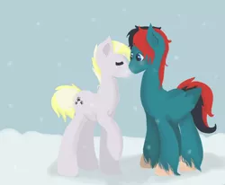 Size: 1700x1400 | Tagged: safe, artist:creeperoxx, derpibooru import, oc, unofficial characters only, earth pony, pegasus, pony, gay, kissing, male, nuzzling, oc x oc, shipping, snow, snowfall, snowflake, underhoof