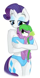 Size: 3007x5815 | Tagged: suggestive, artist:zutheskunk, derpibooru import, rarity, spike, anthro, bedroom eyes, boob smothering, bra, breasts, busty rarity, clothes, eye contact, female, fluffy, foalcon, hug, male, panties, shipping, smiling, sparity, straight, underwear, wink
