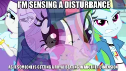 Size: 902x508 | Tagged: safe, derpibooru import, screencap, applejack, fluttershy, pinkie pie, rainbow dash, rarity, a case for the bass, equestria girls, rainbow rocks, image macro, meme, twiface, wrong neighborhood