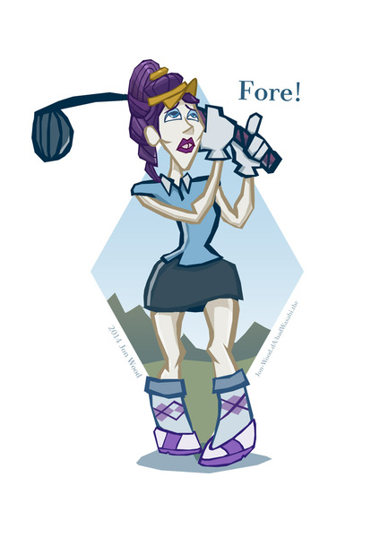 Size: 900x1273 | Tagged: artist:jon-wood, bucktooth, clothes, derpibooru import, golf, hat, human, humanized, plaid, ponytail, rarity, safe, skirt, socks, solo, sports