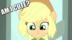 Size: 576x324 | Tagged: safe, derpibooru import, screencap, applejack, a case for the bass, equestria girls, rainbow rocks, animated, bronybait, cute, dilated pupils, happy, image macro, jackabetes, looking at you, meme, open mouth, ponied up, smiling, solo
