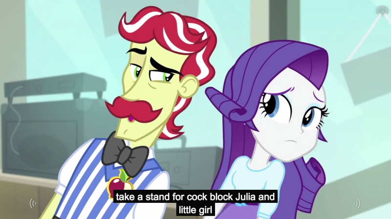 Size: 1280x719 | Tagged: suggestive, derpibooru import, edit, edited screencap, screencap, flam, rarity, a case for the bass, equestria girls, rainbow rocks, caption, chin, meme, stereo, wat, youtube caption