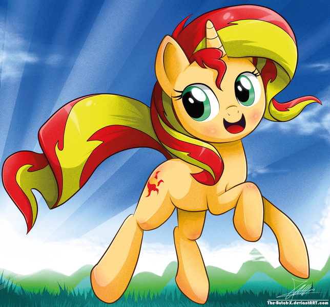 Size: 1871x1742 | Tagged: safe, artist:the-butch-x, derpibooru import, sunset shimmer, pony, unicorn, cute, female, jumping, mare, open mouth, shimmerbetes, signature, solo