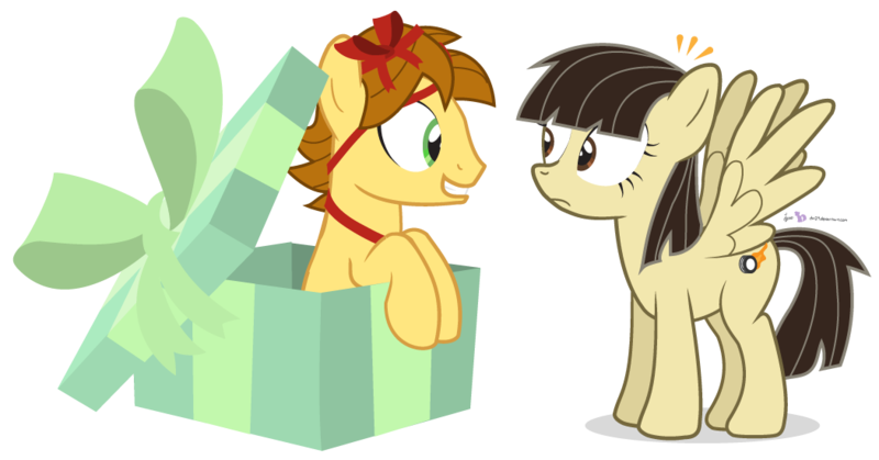 Size: 1050x550 | Tagged: safe, artist:dm29, derpibooru import, wild fire, oc, oc:mandopony, birthday, bow, eye contact, female, frown, grin, male, mandofire, present, ribbon, shipping, sibsy, simple background, smiling, spread wings, straight, surprised, transparent background, wide eyes, wingboner