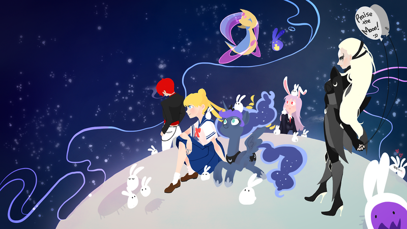 Size: 1280x720 | Tagged: artist:sitting-on-tear, cresselia, crossover, derpibooru import, diana, iori yagami, princess luna, reisen udongein inaba, safe, sailor moon, to the moon, touhou, tsukino usagi, zergling