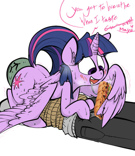 Size: 780x900 | Tagged: grimdark, questionable, artist:whydomenhavenipples, derpibooru import, edit, twilight sparkle, twilight sparkle (alicorn), oc, oc:anon, alicorn, human, pony, asphyxiation, blowjob, blushing, censored, dialogue, facesitting, female, female on male, female on male rape, female on top, human male, human male on mare, human on pony action, hungry, interspecies, male, mare, not porn, on top, oral, rape, sandwich, sandwich censorship, straight, that's not mayonnaise, twidom