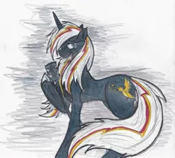 Size: 2451x2217 | Tagged: safe, artist:zubias, derpibooru import, oc, oc:velvet remedy, unofficial characters only, pony, unicorn, fallout equestria, fanfic, fanfic art, female, horn, mare, microphone, simple background, solo, traditional art, white background