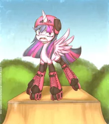 Size: 1500x1714 | Tagged: safe, artist:gamermac, derpibooru import, twilight sparkle, twilight sparkle (alicorn), alicorn, pony, clothes, female, helmet, mare, ponies in roller skates, roller skates, socks, solo, this will end in tears, wide eyes