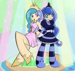 Size: 3000x2846 | Tagged: artist:tamurakitty, clothes, derpibooru import, dress, human, humanized, panty and stocking with garterbelt, parody, princess celestia, princess luna, safe, sassy