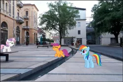 Size: 758x507 | Tagged: artist:bobsicle0, artist:hundebleonidasx, artist:mrlolcats17, artist:yetioner, bench, building, derpibooru import, happy, irl, outdoors, photo, ponies in real life, rainbow dash, safe, scootaloo, sweetie belle, tree, trying to fly, vector, waterway