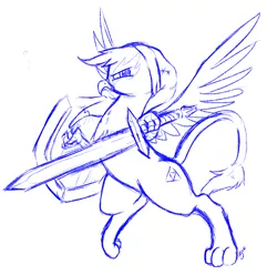 Size: 1128x1118 | Tagged: safe, artist:silver1kunai, derpibooru import, gilda, gryphon, badass, cosplay, link, monochrome, shield, sketch, solo, sword, the legend of zelda, triforce