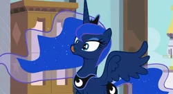 Size: 854x467 | Tagged: dead source, safe, artist:mysticolt, derpibooru import, princess luna, pony, :p, cross-eyed, horses doing horse things, silly, silly pony, smiling, solo, spread wings, tongue out, youtube link
