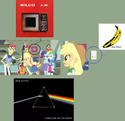 Size: 1667x1622 | Tagged: safe, derpibooru import, applejack, flam, flim, rainbow dash, rarity, a case for the bass, equestria girls, rainbow rocks, album, album cover, andy warhol, flim flam brothers, hipgnosis, pink floyd, the dark side of the moon, the velvet underground, the velvet underground & nico, wilco
