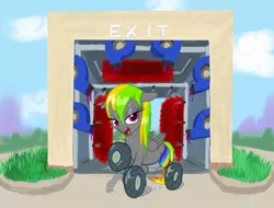 Size: 1056x803 | Tagged: artist:snapai, bedroom eyes, car wash, derpibooru import, oc, oc:wheely bopper, original species, solo, suggestive, unofficial characters only, wet mane, wheelpone