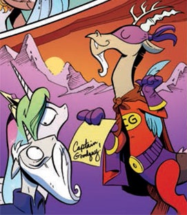 Size: 271x312 | Tagged: artist:andypriceart, captain goodguy, comic, derpibooru import, idw, princess celestia, safe, sir discord, spoiler:comic, spoiler:comic19, star swirl the bearded