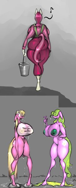 Size: 2893x7128 | Tagged: anthro, artist:saliantsunbreeze, ass, big breasts, breasts, busty daisy, busty lily valley, busty roseluck, commission, daisy, expansion, female, flower trio, flower wishes, huge breasts, impossibly large breasts, impossibly large butt, lily, lily valley, nipples, nudity, questionable, revenge, roseluck, unguligrade anthro, wardrobe malfunction