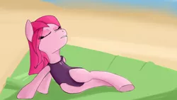 Size: 1366x768 | Tagged: artist needed, beach, clothes, derpibooru import, female, one-piece swimsuit, pinkie pie, solo, solo female, suggestive, sukumizu, swimsuit, towel