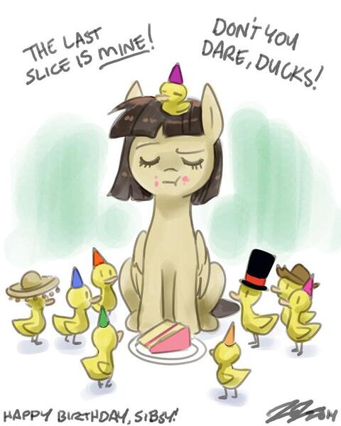 Size: 700x875 | Tagged: artist:johnjoseco, birthday, cake, derpibooru import, duck, duckling, eating, eyes closed, hat, messy eating, party hat, safe, sibsy, sombrero, top hat, wild fire