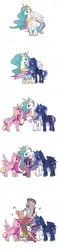 Size: 700x3000 | Tagged: safe, artist:raichi, derpibooru import, discord, princess cadance, princess celestia, princess luna, twilight sparkle, twilight sparkle (alicorn), alicorn, pony, alicorn tetrarchy, angry, blowing a kiss, blush sticker, blushing, crown, discord being discord, discorn, female, grin, heart, interrupted, jewelry, looking at you, mare, narrowed eyes, open mouth, princess discord, raised eyebrow, simple background, smiling, unamused, white background