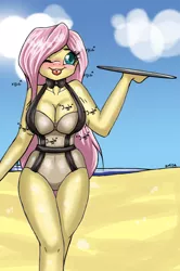 Size: 600x903 | Tagged: suggestive, artist:smisa, derpibooru import, fluttershy, anthro, blushing, bouncing breasts, breasts, busty fluttershy, drunk, drunkershy, female, solo, solo female, tongue out, tray, wink