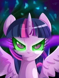 Size: 1500x2000 | Tagged: safe, artist:kyodashiro, derpibooru import, twilight sparkle, twilight sparkle (alicorn), alicorn, pony, bust, corrupted, corrupted twilight sparkle, dark magic, female, magic, mare, solo, sombra eyes, spread wings, tyrant sparkle, wings