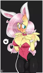Size: 1600x2700 | Tagged: anthro, artist:randomchick144, blushing, bowtie, breasts, bunnyshy, bunny suit, busty fluttershy, clothes, derpibooru import, erect nipples, female, fluttershy, leotard, nipple outline, pantyhose, solo, solo female, suggestive, thong leotard