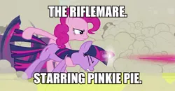 Size: 615x321 | Tagged: safe, derpibooru import, edit, edited screencap, screencap, pinkie pie, twilight sparkle, earth pony, pony, unicorn, a canterlot wedding, behaving like a weapon, female, image macro, mare, meme, the rifleman, twigun, unicorn twilight