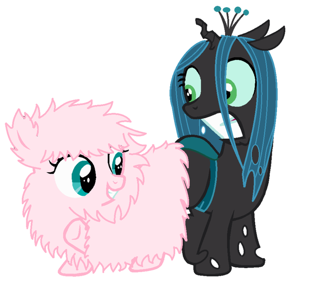 Size: 908x879 | Tagged: safe, artist:jcking101, derpibooru import, queen chrysalis, oc, oc:fluffle puff, changeling, changeling queen, nymph, pony, butt bump, butt to butt, butt touch, canon x oc, chrysipuff, cute, cutealis, female, flufflebetes, lesbian, shipping, simple background, white background, younger