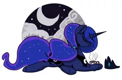 Size: 1280x846 | Tagged: safe, artist:blindcoyote, derpibooru import, princess luna, lunadoodle, alternate hairstyle, crescent moon, cup, eyes closed, missing accessory, moon, mug, ponytail, prone, scrunchie, solo, underhoof