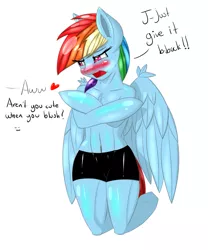 Size: 1000x1200 | Tagged: anthro, arm hooves, artist:iluvhalo, clothes, compression shorts, derpibooru import, female, rainbow dash, shiny, solo, solo female, suggestive, tsundere