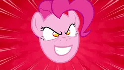 Size: 600x338 | Tagged: derpibooru import, edit, edited screencap, evil grin, inverted mouth, pinkie pie, pinkie promise, pure unfiltered evil, safe, screencap, smiling, solo, the last roundup