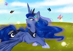 Size: 2912x2059 | Tagged: alicorn, artist:chokico, butterfly, chokico is trying to murder us, colored pupils, crown, cute, derpibooru import, ethereal mane, flower, flower in hair, grass, hoof shoes, jewelry, lunabetes, princess luna, profile, prone, regalia, safe, solo, starry mane, watermark