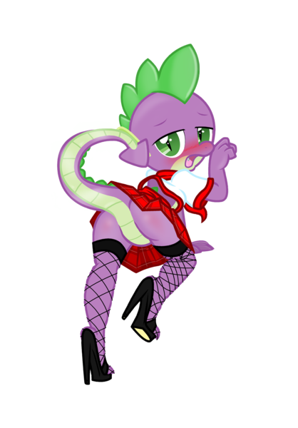 Size: 1741x2500 | Tagged: questionable, artist:pyruvate, artist:reduxdrawer8k, derpibooru import, edit, spike, comic:dragon queen, blushing, clothes, crossdressing, featureless crotch, femboy, femboy spike, fishnets, foalcon, high heels, image, male, png, school uniform, schoolgirl, simple background, sissy, skirt, solo, solo male, stockings, transparent background, upskirt