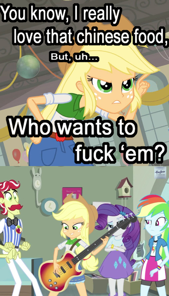 Size: 563x984 | Tagged: suggestive, deleted from derpibooru, derpibooru import, edit, edited screencap, screencap, applejack, rainbow dash, rarity, equestria girls, rainbow rocks, 2 panel comic, caption, chinese text, comic, game grumps, image macro, meme, racism, racist bassist, vulgar